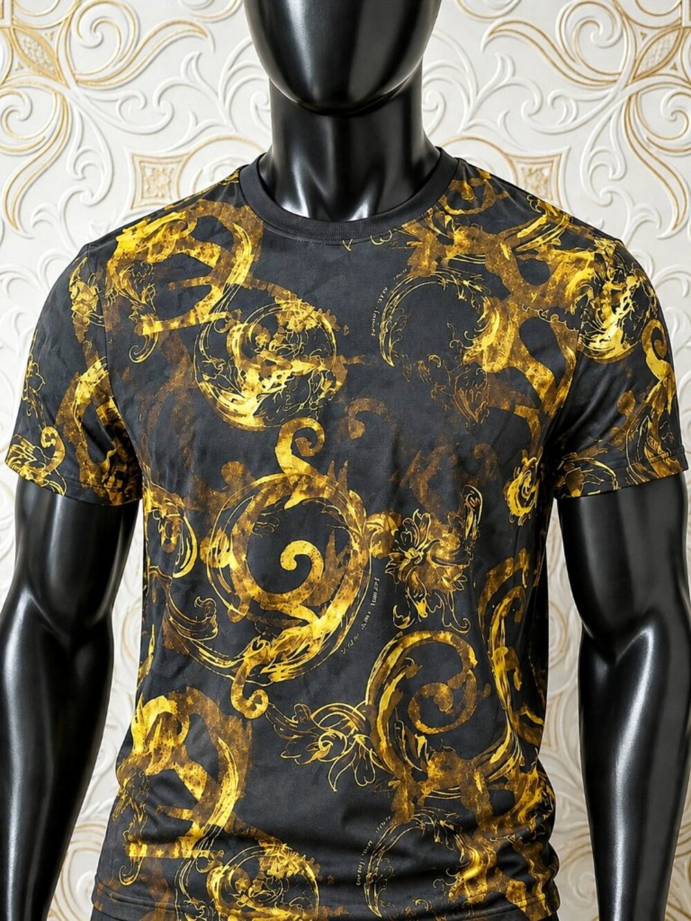 VERSACE JEANS COUTURE Black Gold Baroque Print T-Shirt Mens XXL Slim Fit Luxury